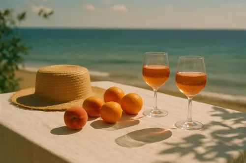 Table with fruits and drinks against the backdrop of the sea on a sunny day