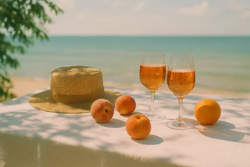 Two glasses with drinks, fruits, and a hat on a table by the sea
