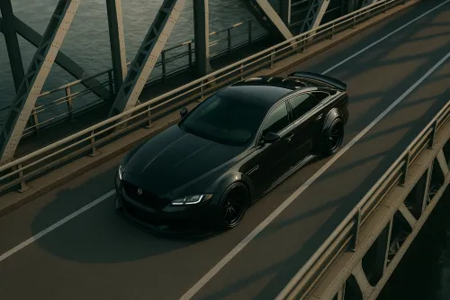 Black sports car on a bridge with metal structures