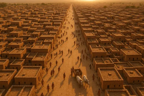 Paisaje con muchos edificios similares y personas