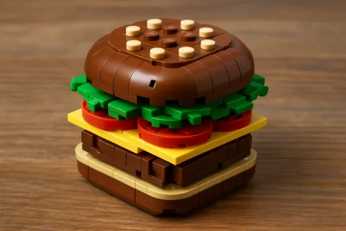Burger structure made of Lego pieces with vegetables and sauce