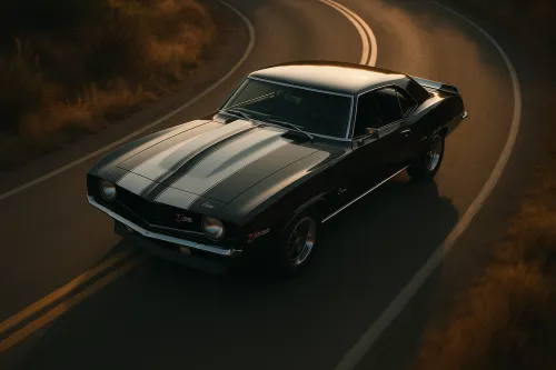 Chevrolet Camaro negro de 1969 contra el fondo del campo