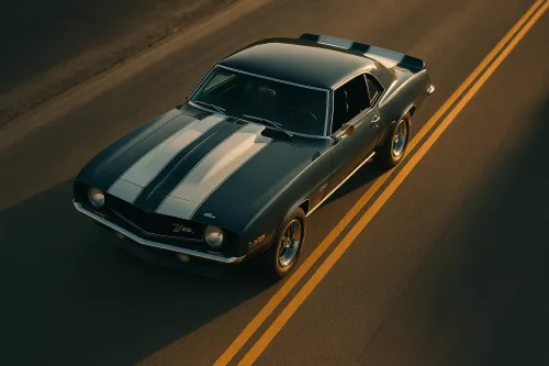 Chevrolet Camaro de 1969 en la carretera con líneas de marcaje amarillas