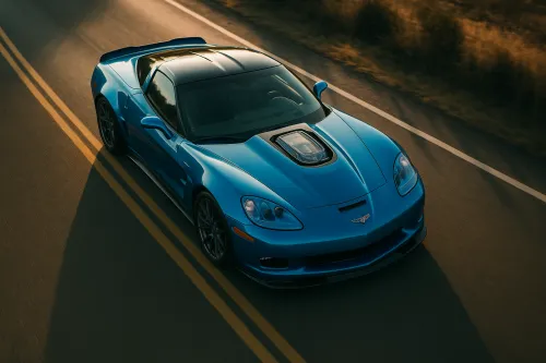 Modern sports car with a bright blue body on an open highway