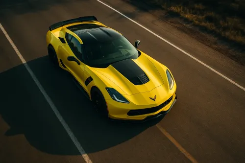Classic stylish yellow sports car Corvetta on asphalt
