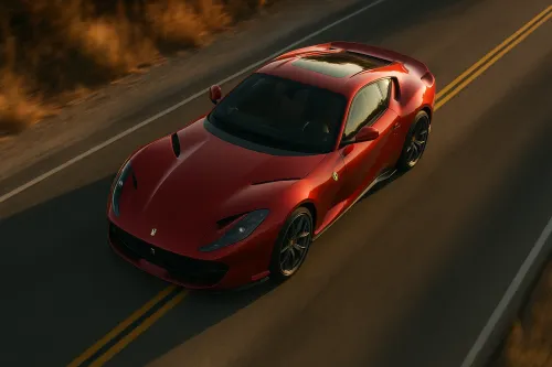 Red Ferrari sports car driving on a country road