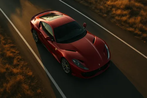 Стильный красный спорткар Ferrari, проезжающий по пустой дороге