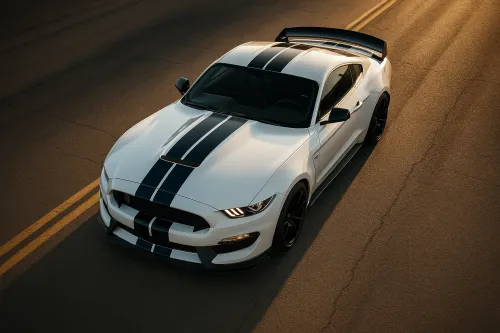 Sports car with a white body and black stripes against the backdrop of a road
