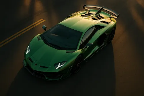 Coche deportivo Lamborghini Aventador de color verde sobre el asfalto