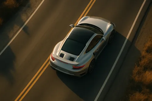 Coche deportivo plateado Porsche en una carretera sinuosa al atardecer