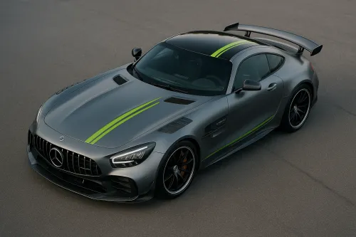 Спортивное купе Mercedes-AMG с зелеными полосами на сером кузове