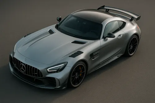 Image of the Mercedes-AMG GT sports car with a carbon spoiler and gray body