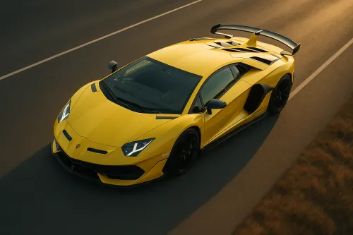 Modern Lamborghini Aventador in bright yellow on the highway