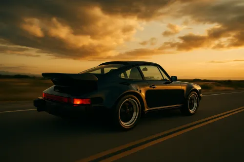 Porsche negro acelerando por la carretera con un cielo de atardecer