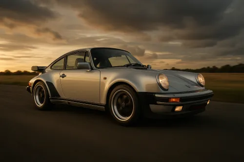 Silver Porsche sports car against a sunset landscape