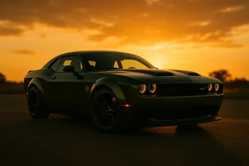 Green Sports Car Against a Bright Sunset
