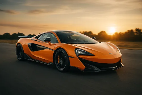 Coche deportivo McLaren de color naranja brillante en una carretera vacía durante el atardecer