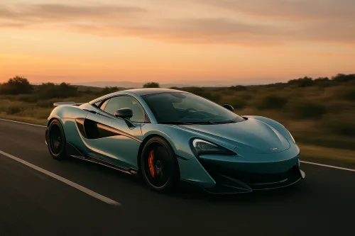 Elegante McLaren 570S en la carretera durante un atardecer soleado
