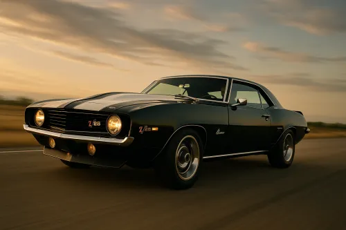 Black Chevrolet Camaro Z28 moving down an open road at sunset