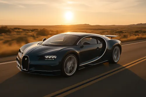 Sports car on the road with the sunset on the horizon