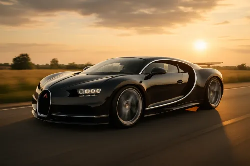 Automóvil deportivo negro, conduciendo por la carretera al atardecer