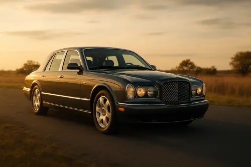 Sedán de la marca Bentley en un camino rural durante el atardecer