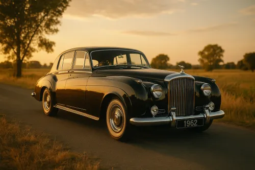 Coche clásico negro Bentley de 1962 en una carretera rural