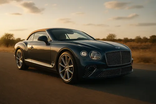 Bentley Continental GT descapotable contra un hermoso atardecer en la naturaleza