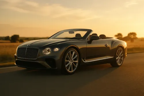 Luxury convertible on the road in the rays of the sunset