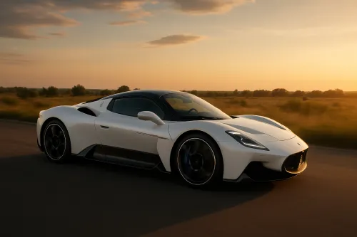 Coche deportivo moderno de color blanco, circulando por la carretera contra el atardecer