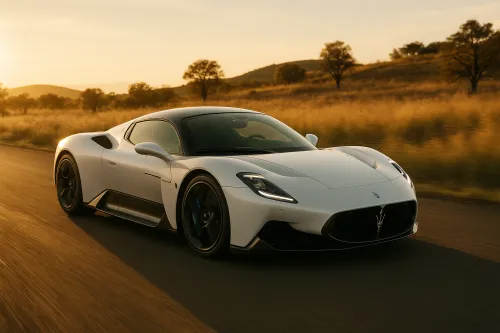 Coche deportivo blanco en la carretera al atardecer con un fondo de árboles