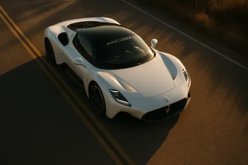 Supercoche Maserati MC20 en una carretera asfaltada bajo la luz solar