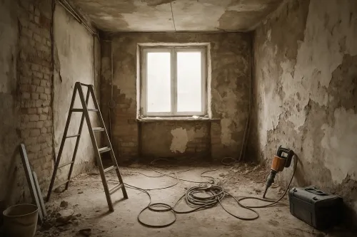 Image of an empty room with a ladder and electric mechanical tools for renovation