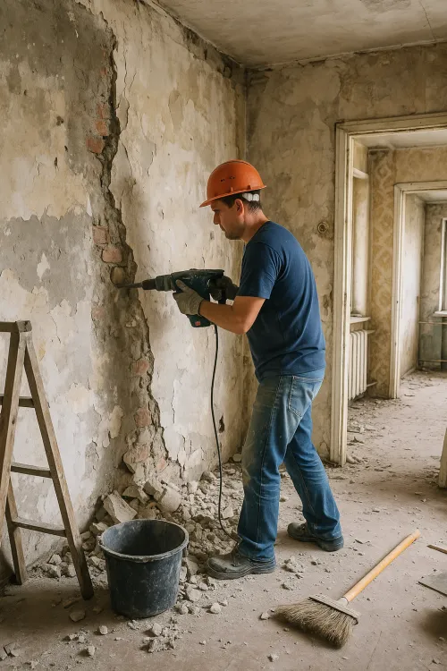 Man in a helmet performing repair work with a hammer drill