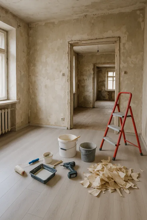 Playroom under renovation with tools and materials on the floor