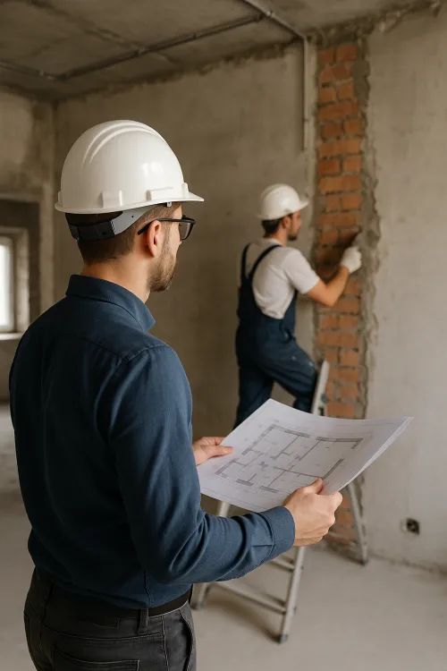 Work process: engineer and builder at the renovation site