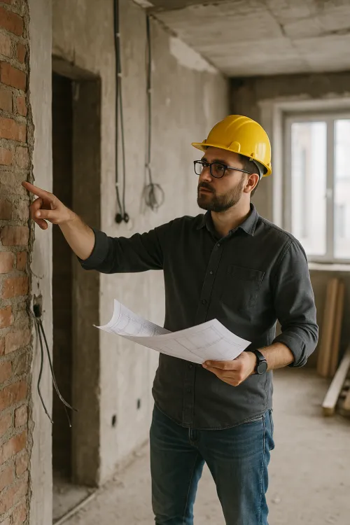 A man in a hard hat pointing at a wall while holding construction blueprints