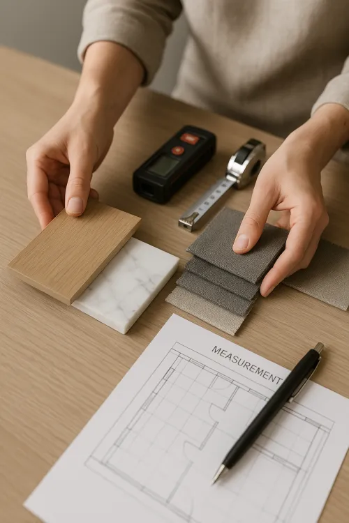Se sostienen muestras de materiales y medidas para el diseño de interiores