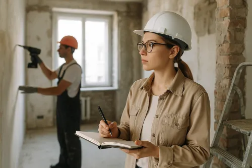 A woman takes notes while a worker drills the walls during renovation