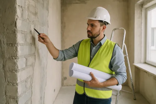 Worker in a construction vest inspecting walls against the backdrop of a ladder