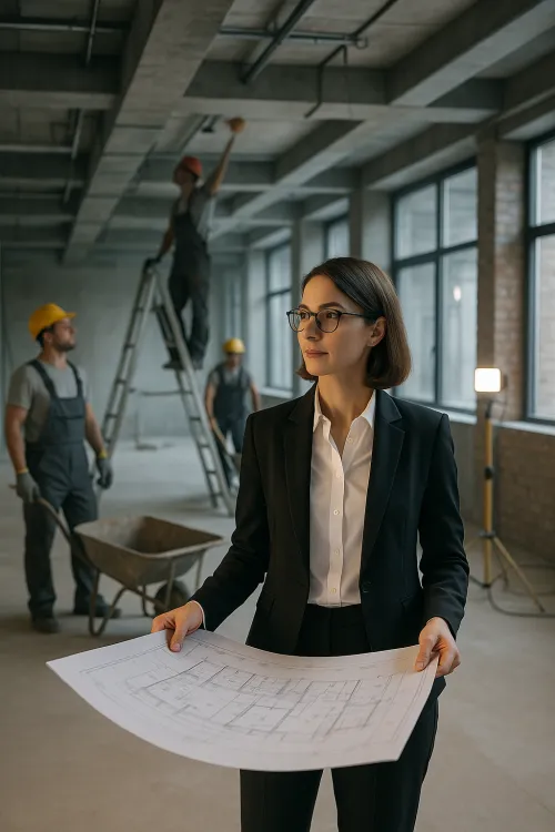 Woman with blueprints in front of workers in the construction field