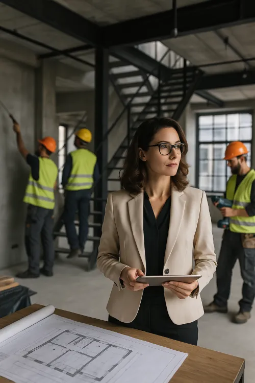 Project Manager at a Construction Site with Blueprints and a Tablet