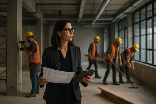 Manager in a business suit against the backdrop of builders in helmets