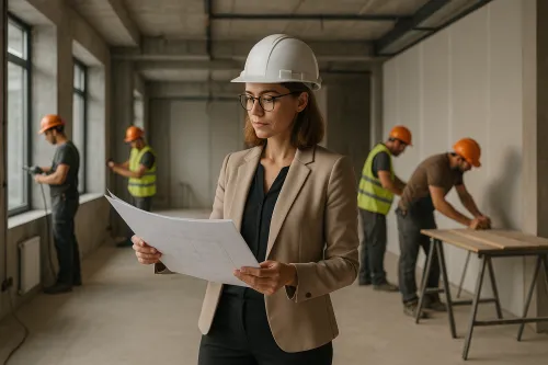 Woman in a business suit studying construction plans against the backdrop of workers