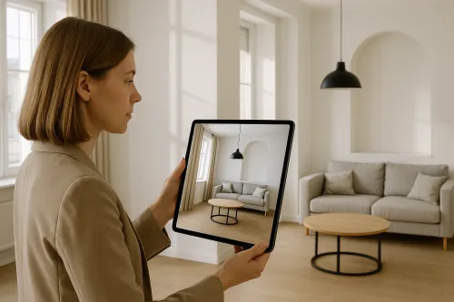 A woman examines an interior in virtual reality on a tablet