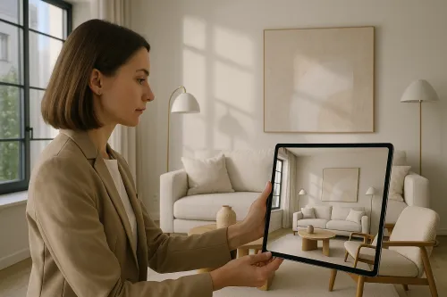 Mujer con una tablet en una habitación minimalista que muestra el interior