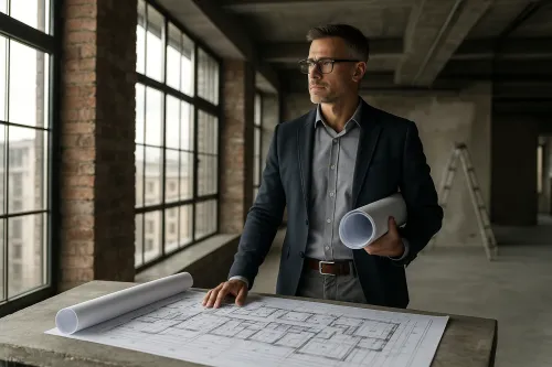 Specialist studying architectural drawings in an unfinished building