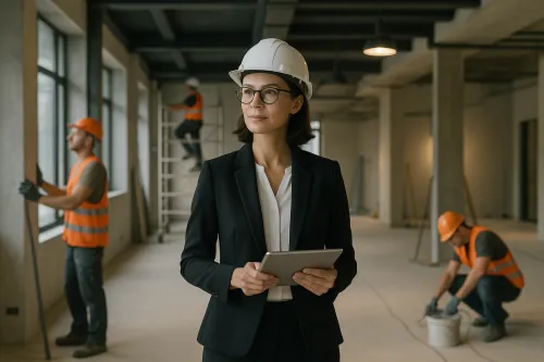 Construction manager woman overseeing work at the site