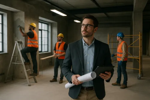 Construction manager with a tablet observing workers at the site