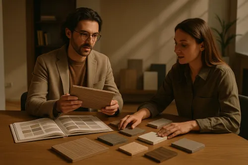 Two people discussing material samples for interior design
